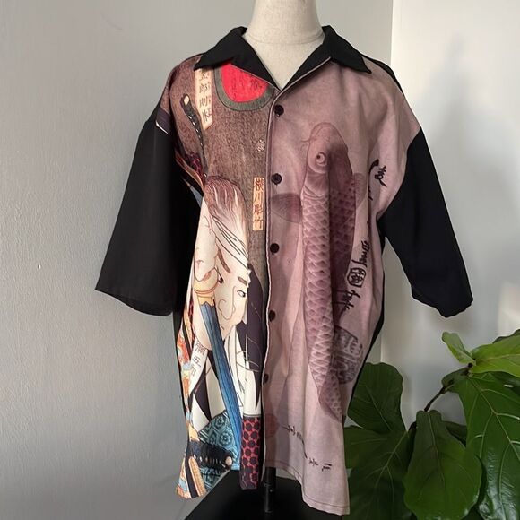 WD Sportswear Vintage 90's Japanese Koi Fish Samurai Short Sleeve Button Down XL - Picture 2 of 12